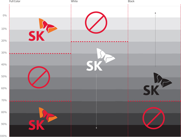 배경색상규정 배경색상1(무채색) SK로고 사용예시 (Full Color 30%~70% 사용불가, White 0%~20% 사용불가, Black 70%~사용불가)