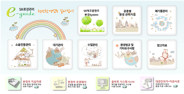 SK환경관리 e-guide (현장환경업무 길라잡이 - SK에코플랜트 환경 System, 공종별 환경 관리지침, 폐기물관리, 소음진동관리, 대기관리, 수질관리, 환경법규 및 기타요구사항, 참고자료, 환경부 지침자료, 환경부 유권해석, 올바로 시스템 Guide, 대관인허가 이관서류 등)